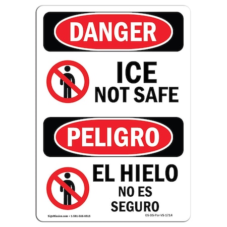 OSHA Danger Sign, Ice Not Safe Bilingual, 5in X 3.5in Decal